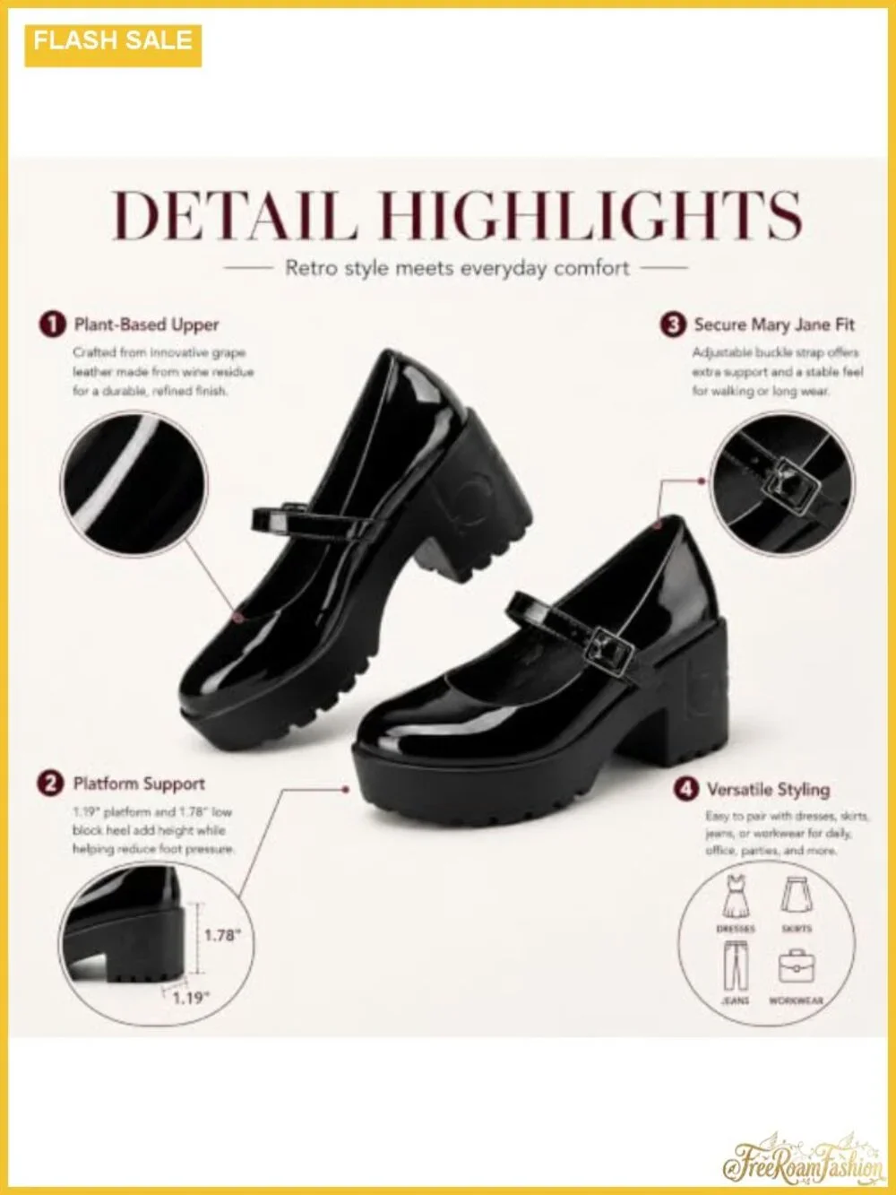 Platform Mary Jane Pumps Chunky Heel Vegan Faux Leather Comfortable Women's